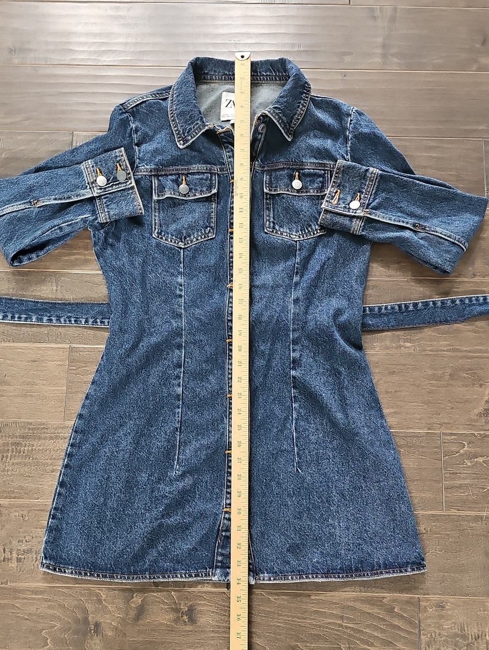 ZARA Dark Blue Denim Button-Front Jacket Dress with Tie - Sz Large - Picture 7 of 10